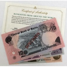 MALTA 1967 . ONE 1 - 10 TEN LIRA BANKNOTES . SPECIMEN